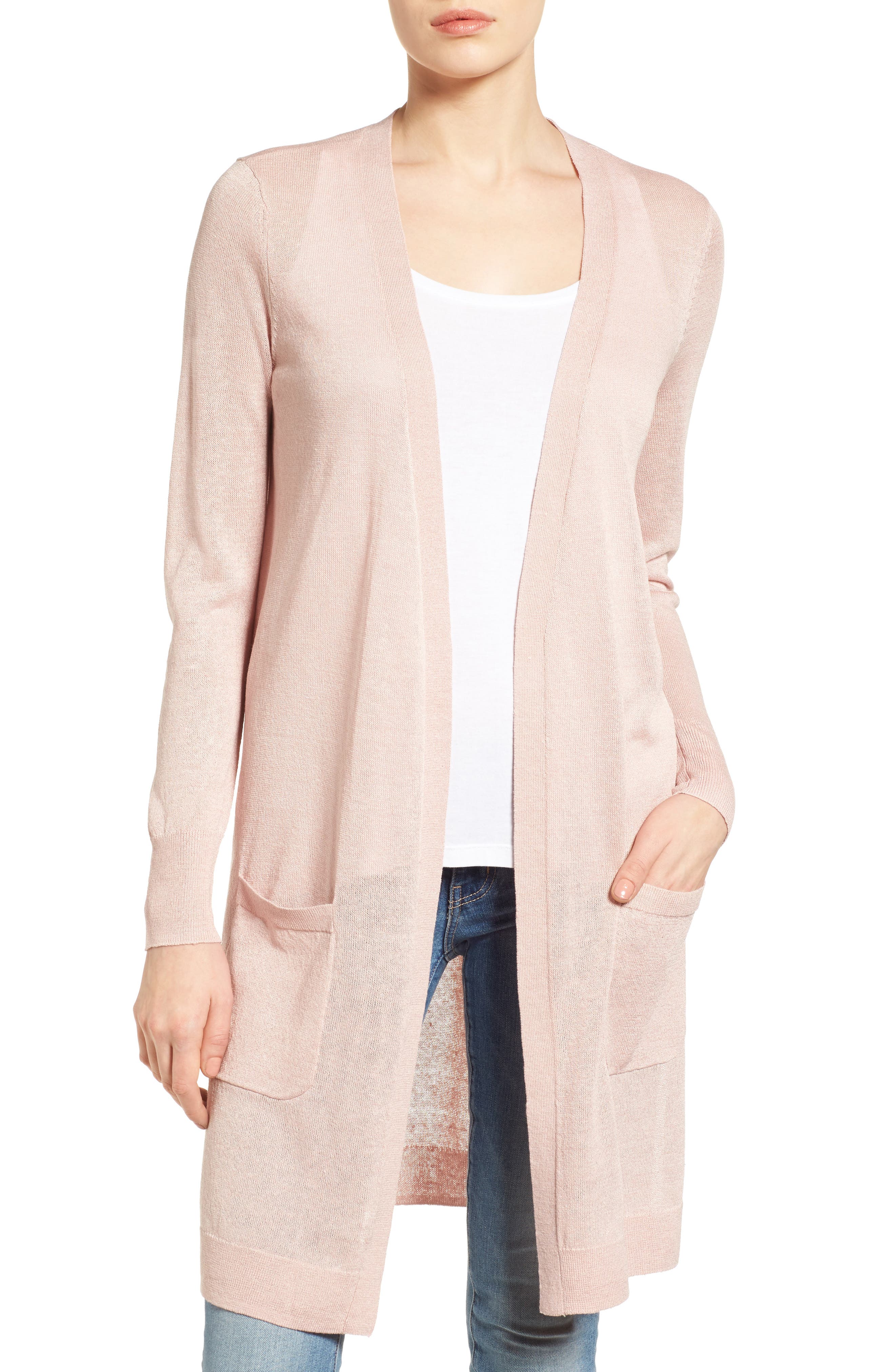 Petite Halogen Long Linen Blend Cardigan, Pink