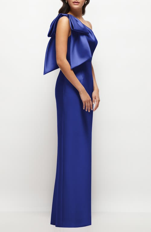 Shop Alfred Sung Bow Detail One-shoulder Satin Twill Column Gown In Cobalt Blue