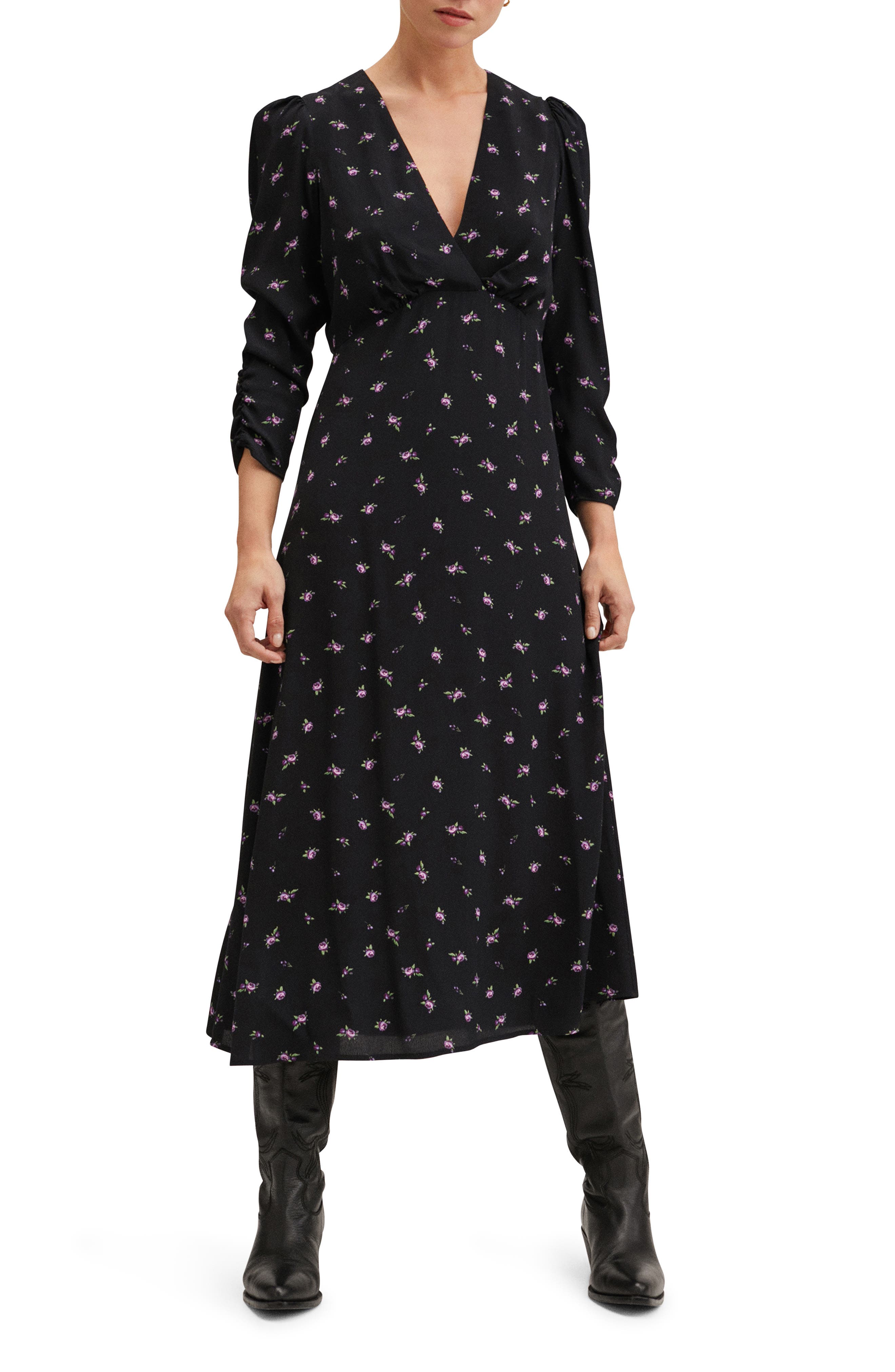 MANGO Floral Print Long Sleeve Midi 