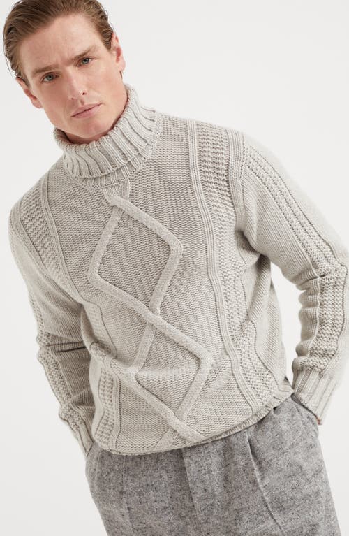 Shop Brunello Cucinelli Irish Cable Turtleneck Sweater In Stone Grey