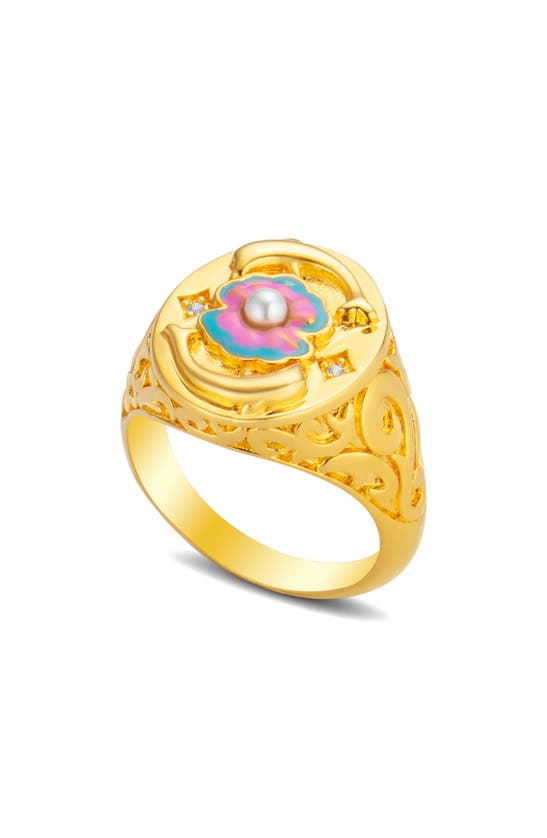 Shop July Child Lady Neptune Signet Ring In Gold/ Enamel/ Cubic Zirconia