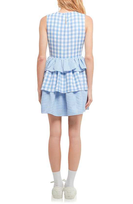 Shop English Factory Tiered Gingham Sleeveless Dress In Ocean Blue