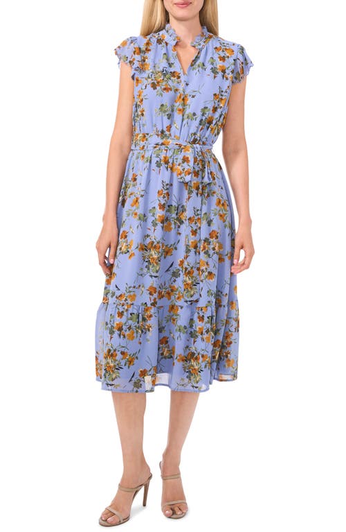 Shop Cece Floral Scallop Trim Chiffon Midi Dress In Blue Blossom