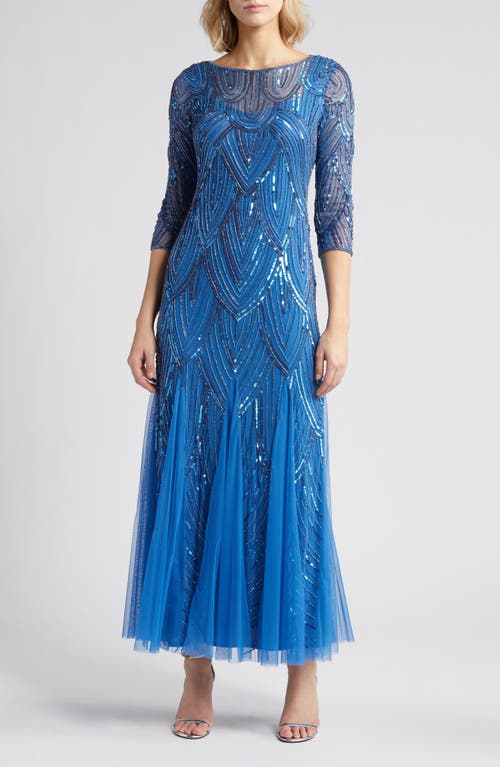 Beaded Illusion Neck Gown in Blue