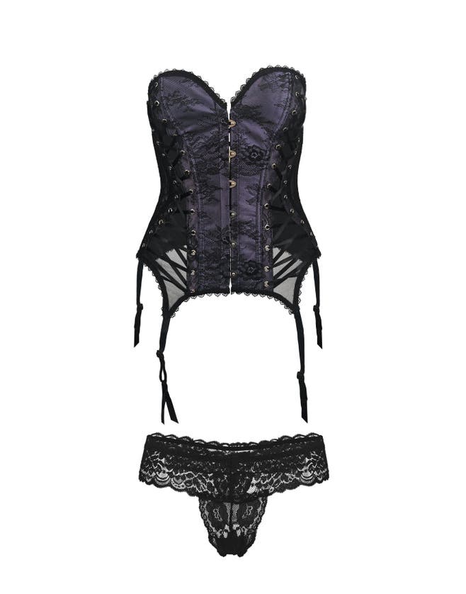 Adore Me Aurora Boned Corset & Thong Set In Black