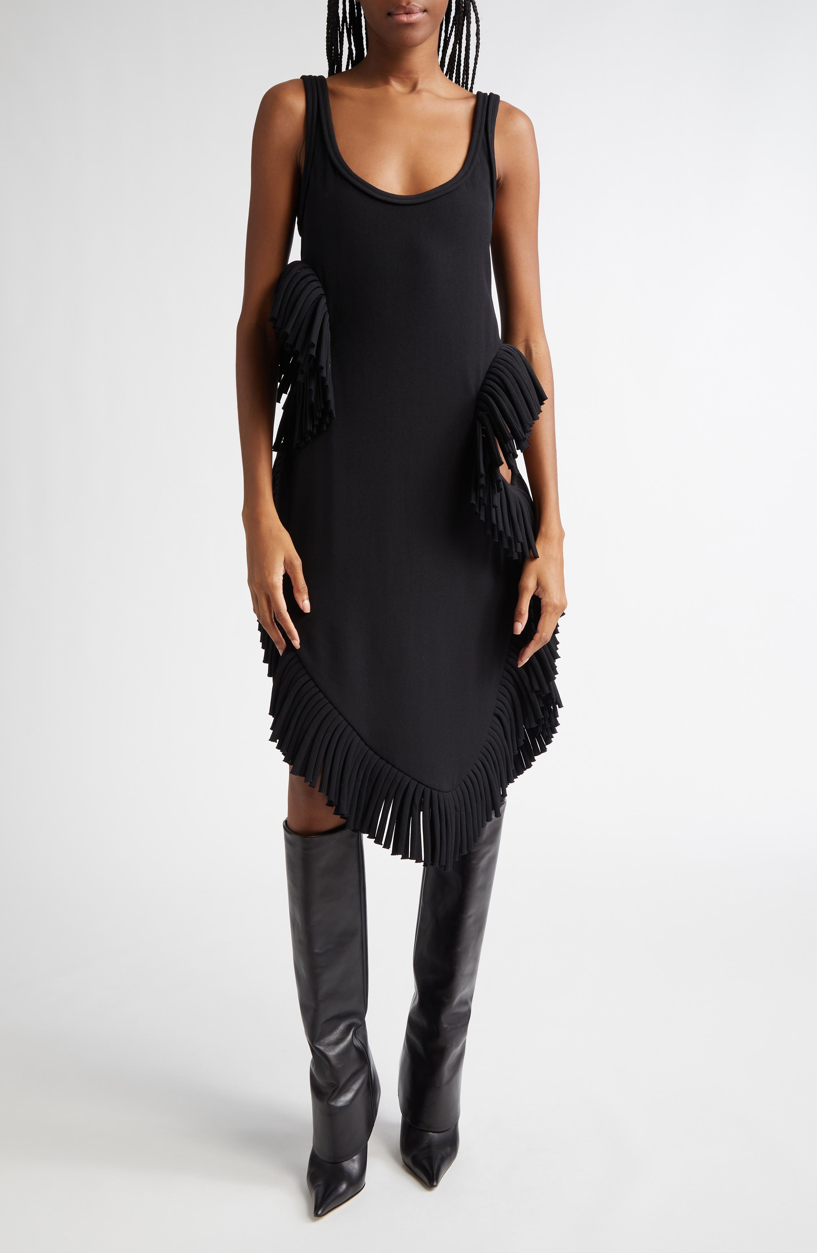 Diotima Scatter Fringe Cutout Wool Midi Dress in Black 
