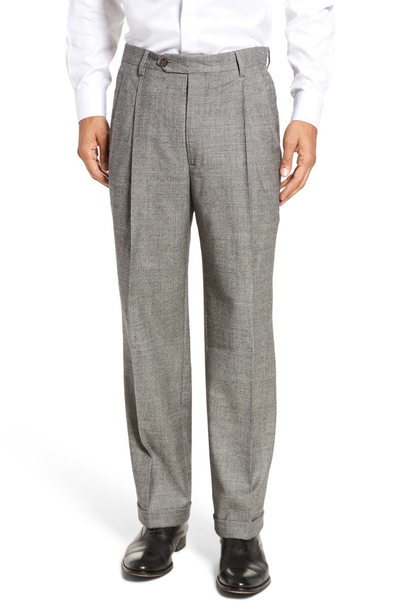 Berle Pleated Classic Fit Stretch Plaid Wool Trousers | Nordstrom