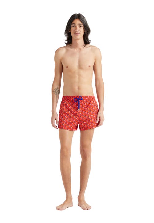 Vilebrequin Men's Micro Ronde Des Tortues Rainbow Stretch Swim Shorts in Coquelicot 