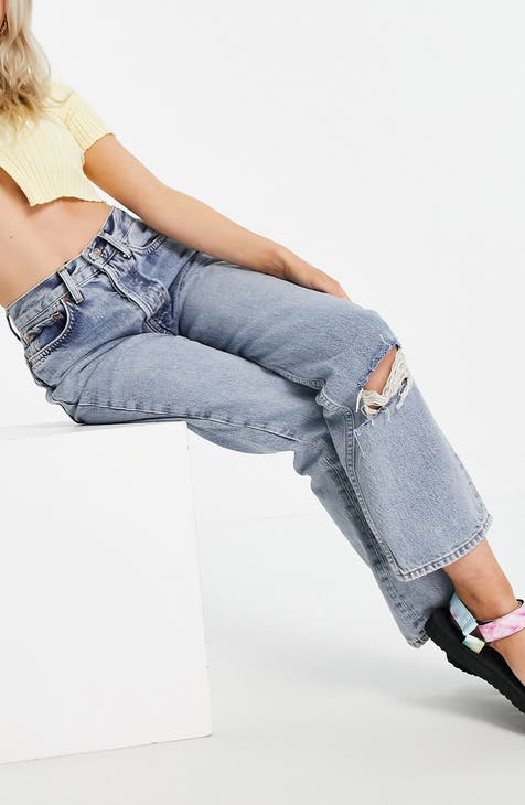 Topshop Petite mid blue ripped mom jeans