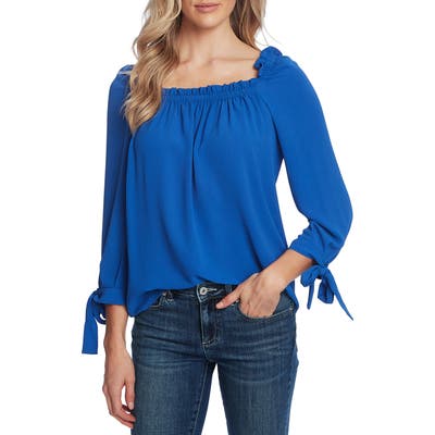 Cece Square Neck Tie Cuff Crepe Top, Blue