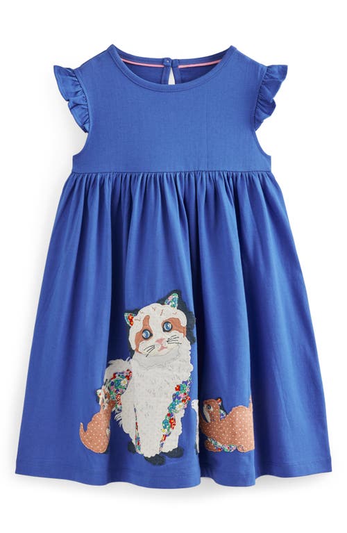 Mini Boden Kids' Cat Appliqué Flutter Sleeve Cotton Dress Bluejay Cats at Nordstrom,