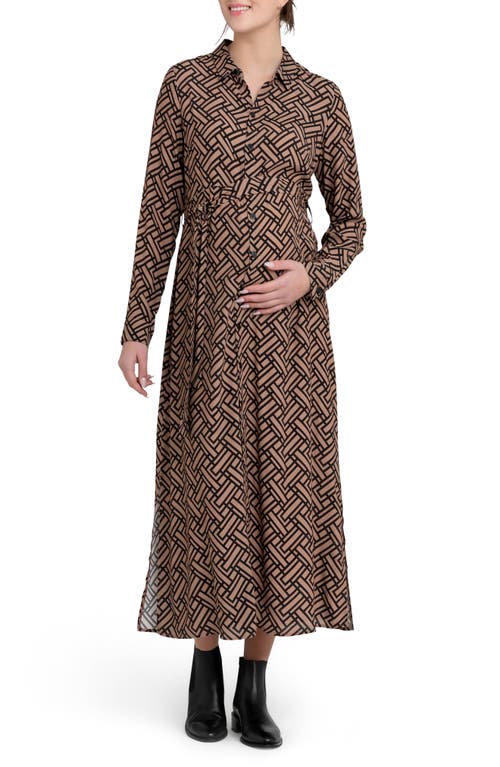 Ripe Maternity Gia Long Sleeve Tie Waist Maternity Shirtdress In Brown