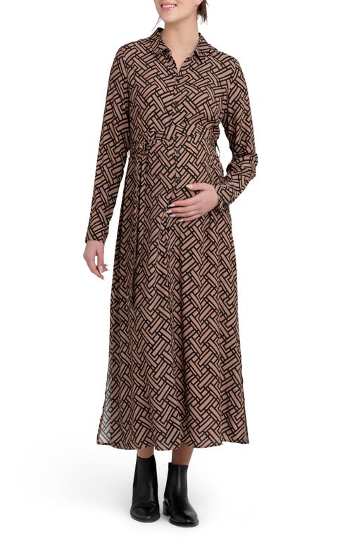 Shop Ripe Maternity Gia Long Sleeve Tie Waist Maternity Shirtdress In Black/latte