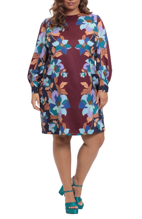 Donna Morgan Floral Long Sleeve Sheath Dress in Wine/Teal