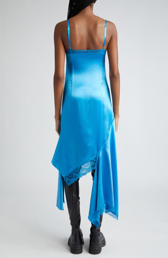 Shop Monse Lace Trim Asymmetric Silk Satin Midi Dress In Aqua