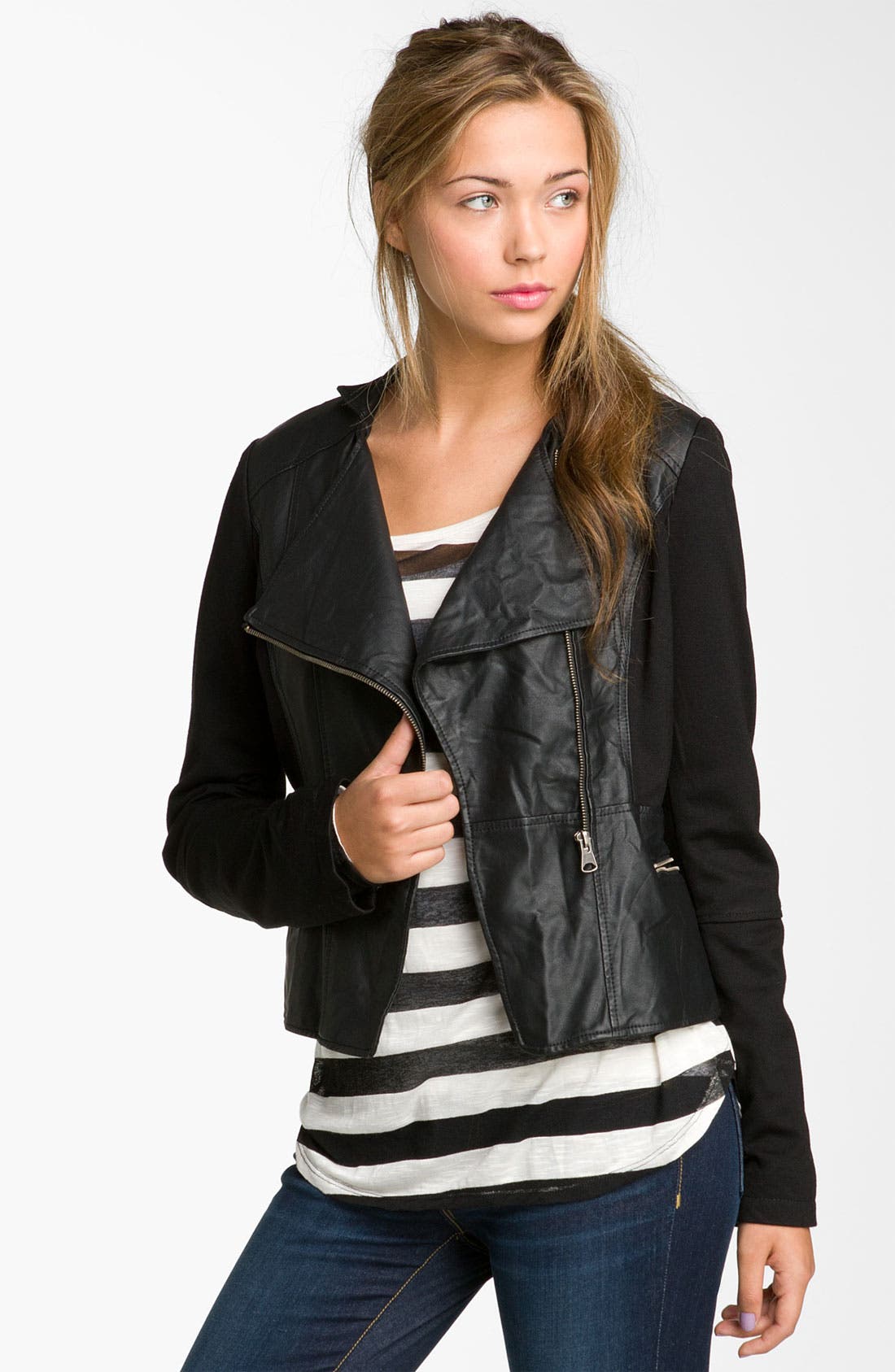 Collection B Faux Leather & Knit Biker Jacket (Juniors) | Nordstrom