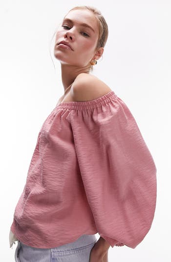 Shop Topshop Off The Shoulder Balloon Sleeve Top In Pink