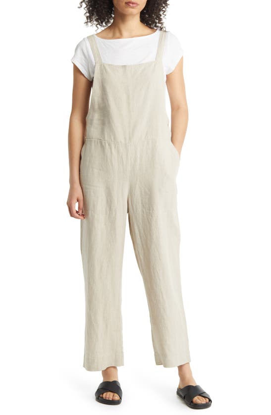 Eileen Fisher Cropped Organic Linen Overall Jumpsuit In Undyed Natural