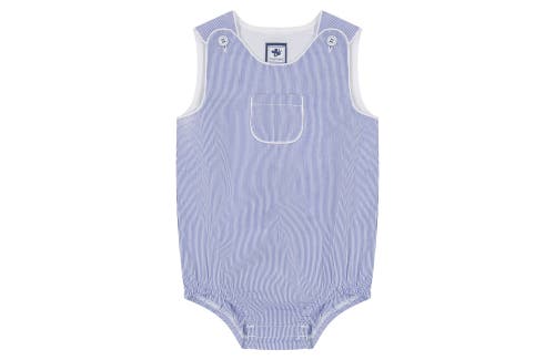 Busy Bees Windsor Romper In Blue Seersucker Stripe