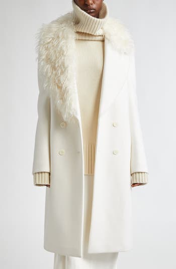 Double Breasted Wool Melton Coat with Faux Fur Trim