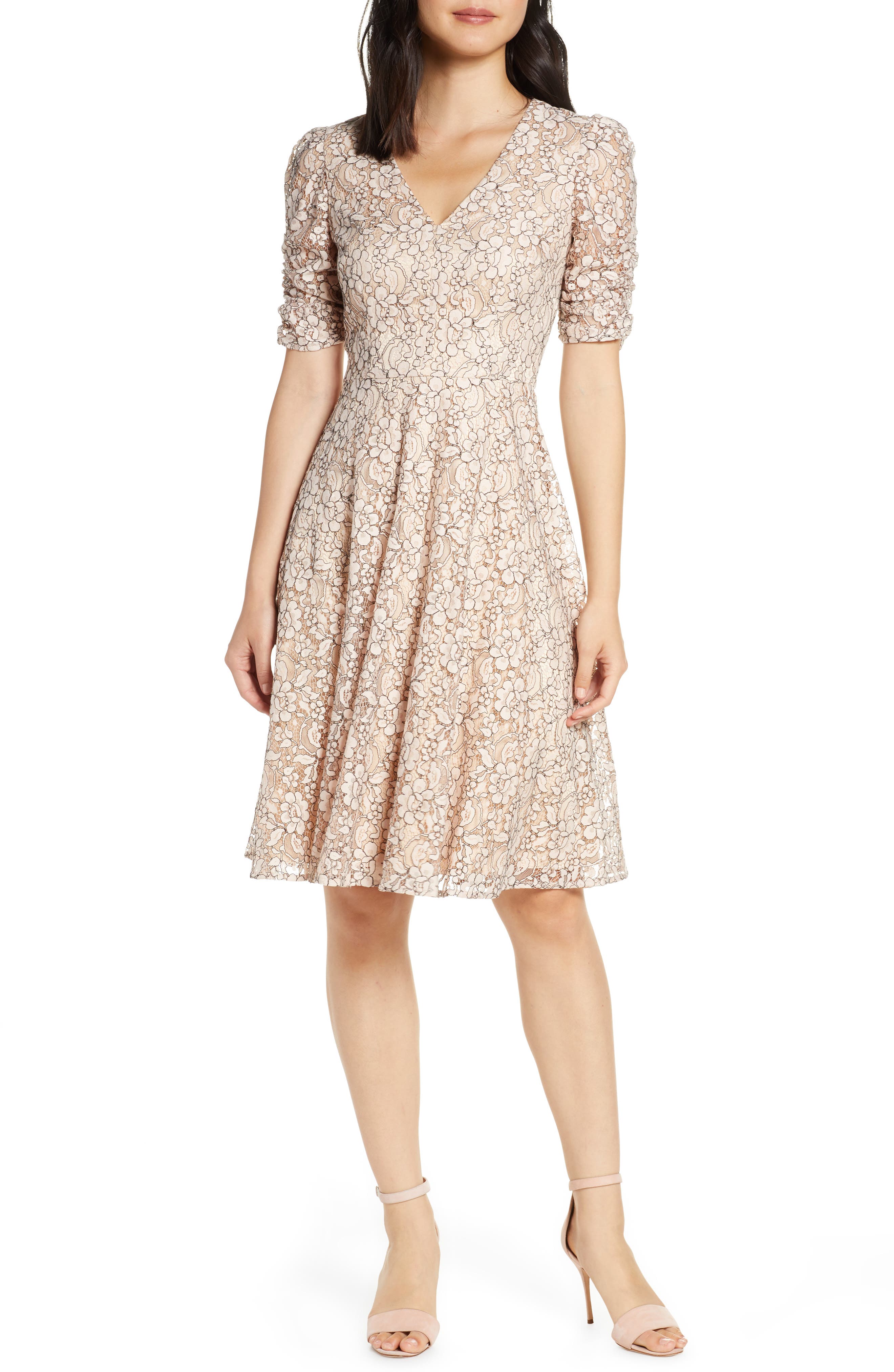 Eliza J Lace Ruched Sleeve Lace Fit & Flare Dress, Pink