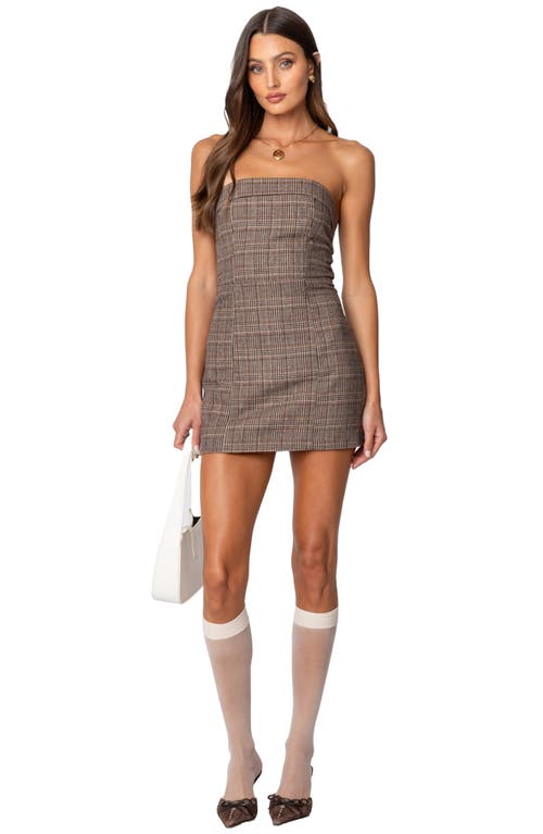 Shop Edikted Boss Mode Strapless Plaid Minidress In Brown
