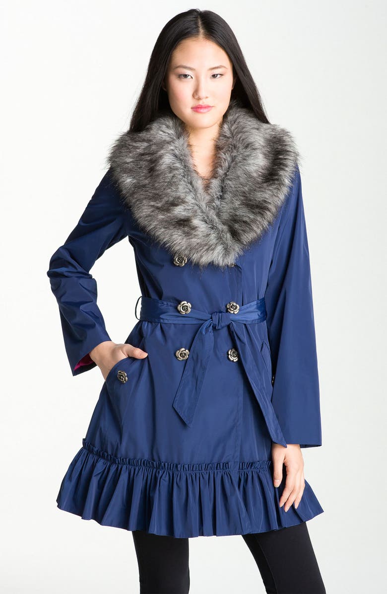 BETSEY JOHNSON Ruffle Hem Coat with Detachable Collar, Main, color, Navy