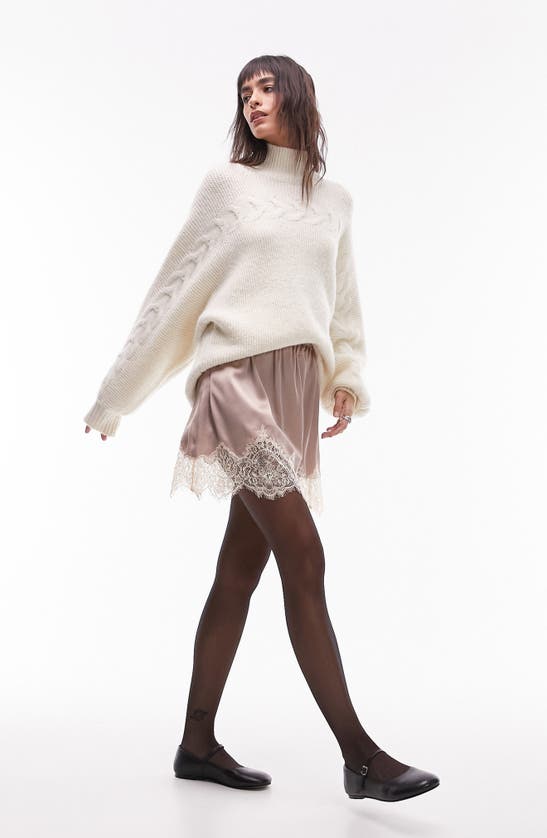 Shop Topshop Lace Hem Satin Skirt In Beige