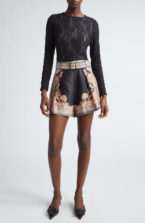 Shop Zimmermann Illustration Tuck Belted Silk & Cotton Shorts In Black Paisley