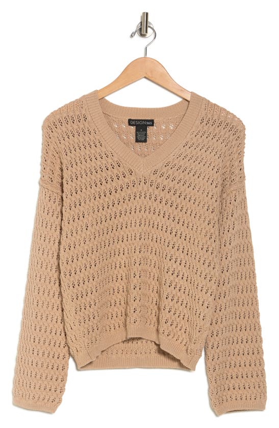 Shop Design History Open Stitch V-neck Sweater In Fawn