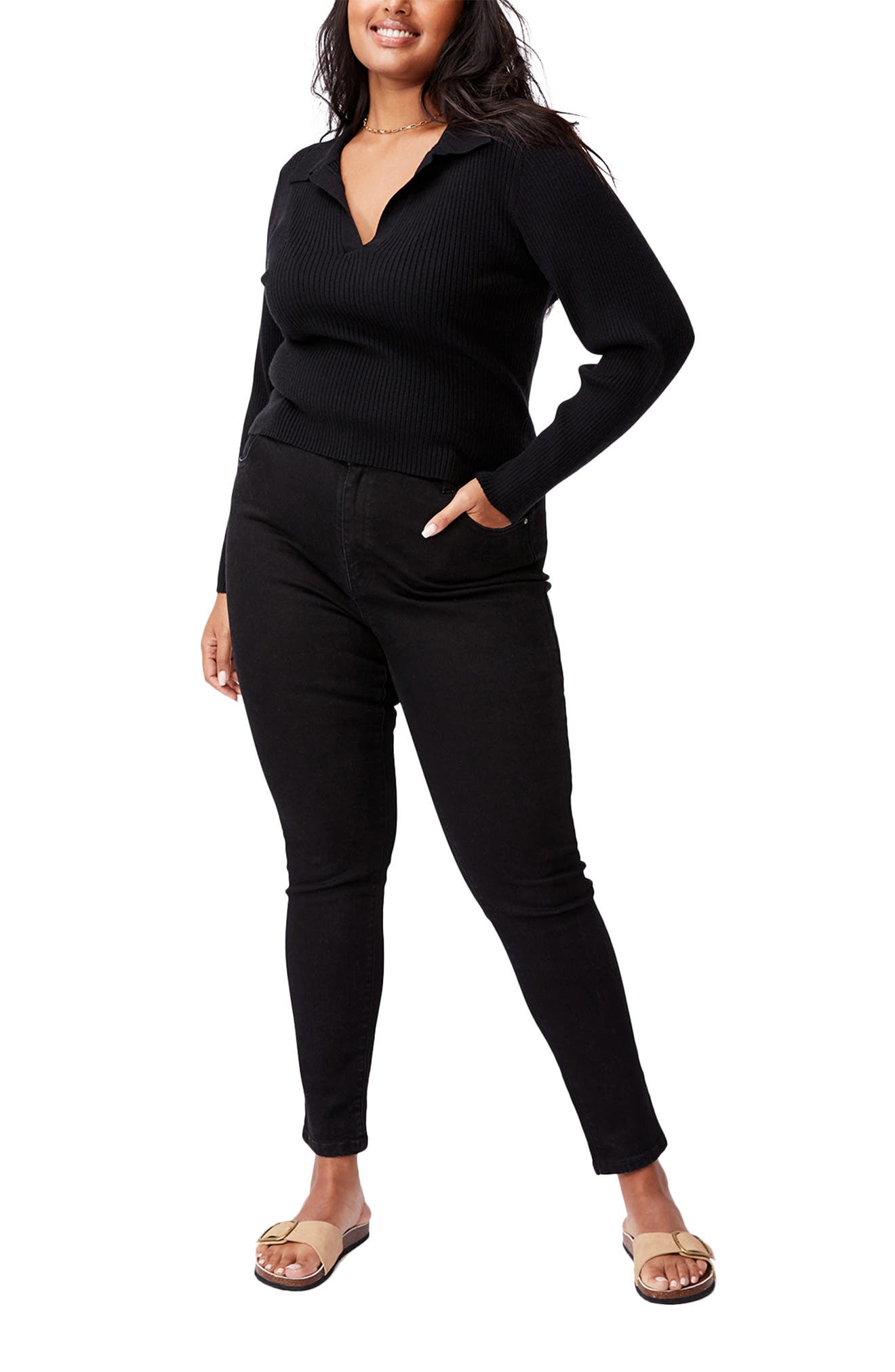 Cotton On Curve Long Sleeve Rib Knit Polo In Black