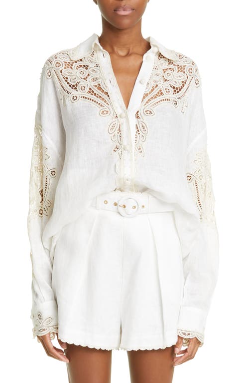 Zimmermann Laurel Crochet Embellished Linen Shirt in Ivory/Cream