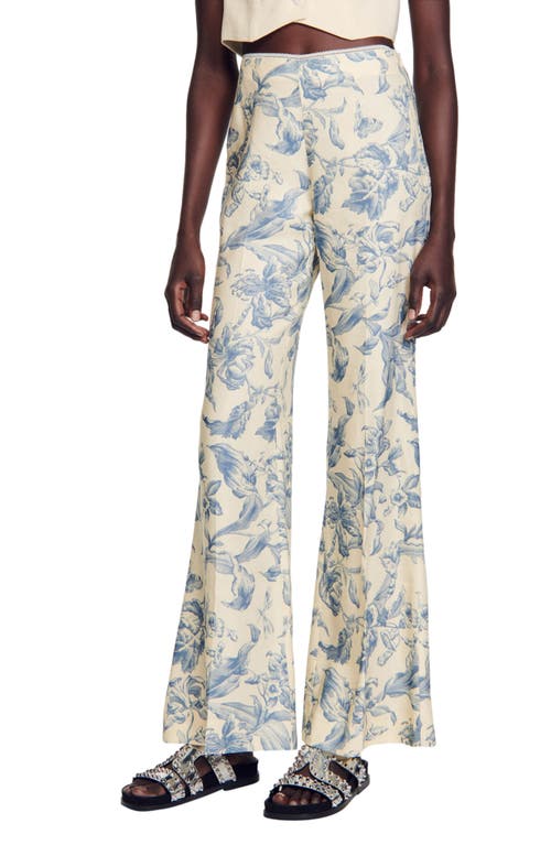 sandro Joseph Floral Flare Leg Pants Ecru /Bleu at Nordstrom,