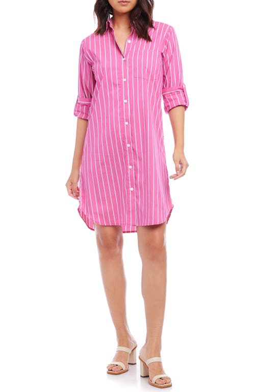 Stripe Long Sleeve Cotton Blend Shirtdress in Fuchsia