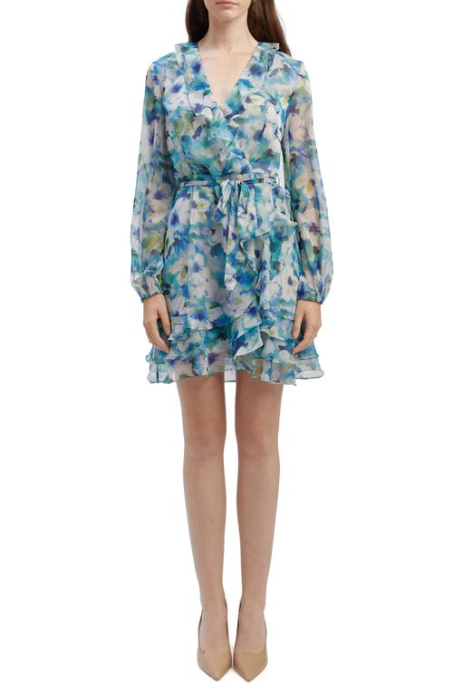 Shop Bardot Ruffle Long Sleeve Faux Wrap Chiffon Minidress In Blue Floral