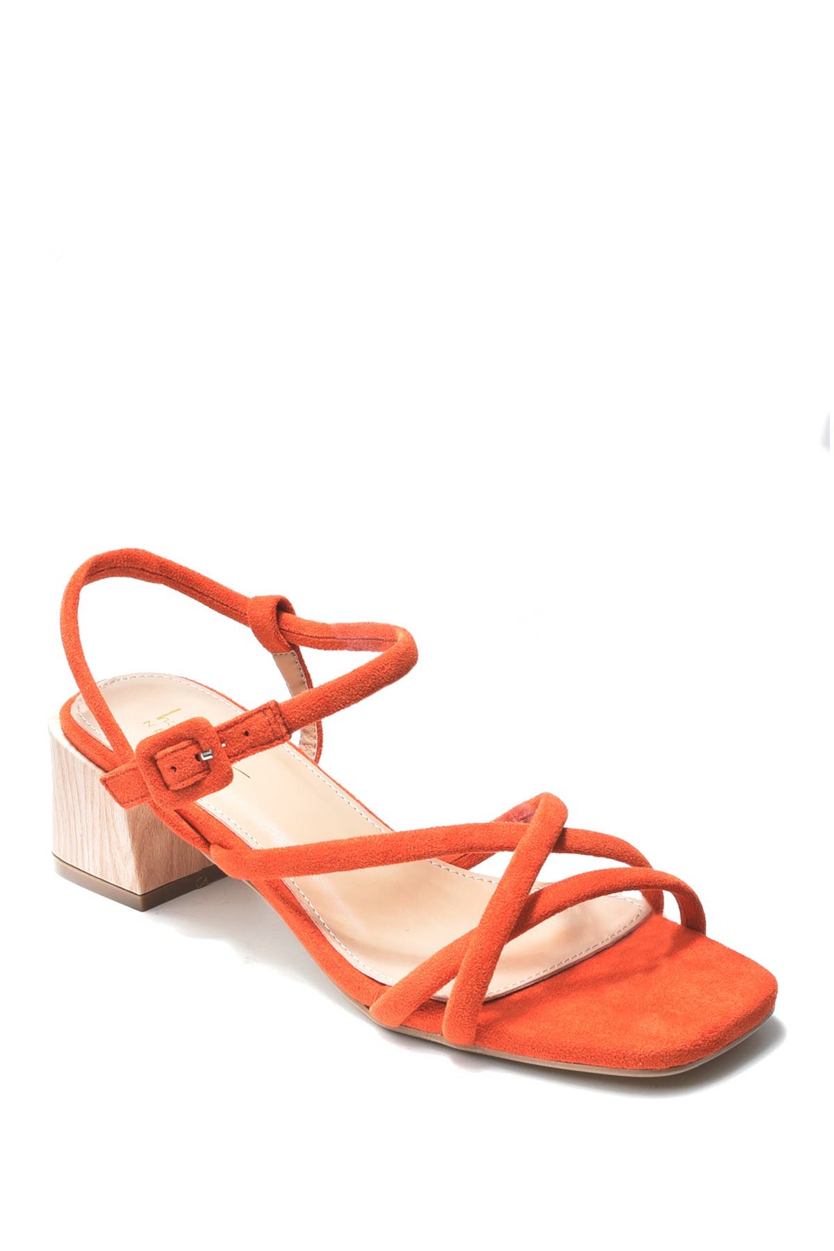 orange low block heel sandals