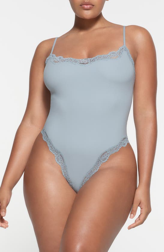 Shop Skims Fits Everybody Corded Lace Cami Bodysuit In Denim