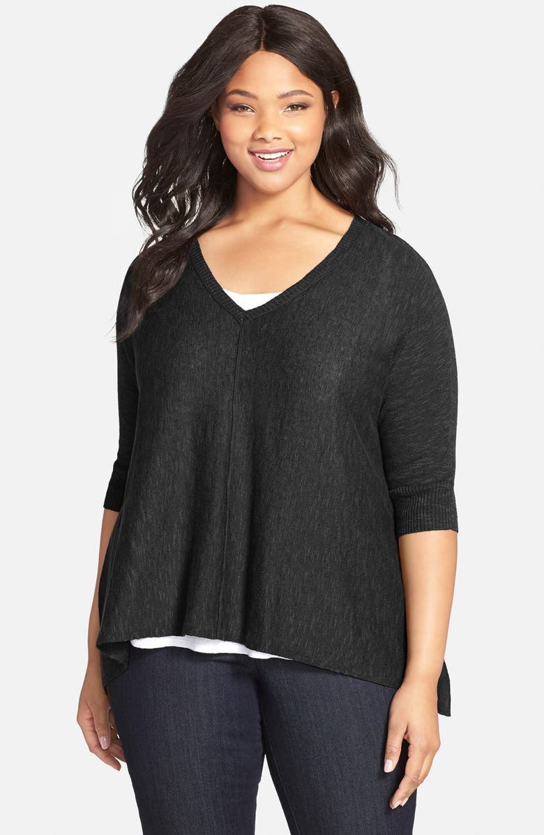 Eileen Fisher Organic Linen & Cotton V-Neck Sweater (Plus Size) | Nordstrom