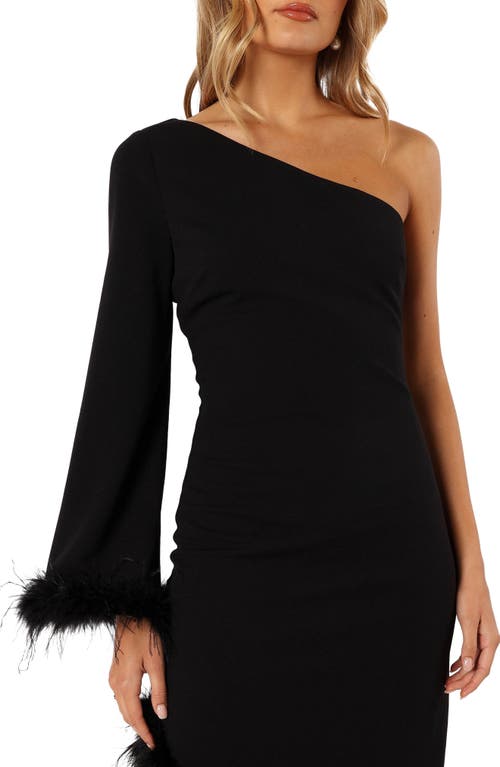 Petal And Pup Petal & Pup Dame Feather Trim Single Long Sleeve Midi Cocktail Dress In Black