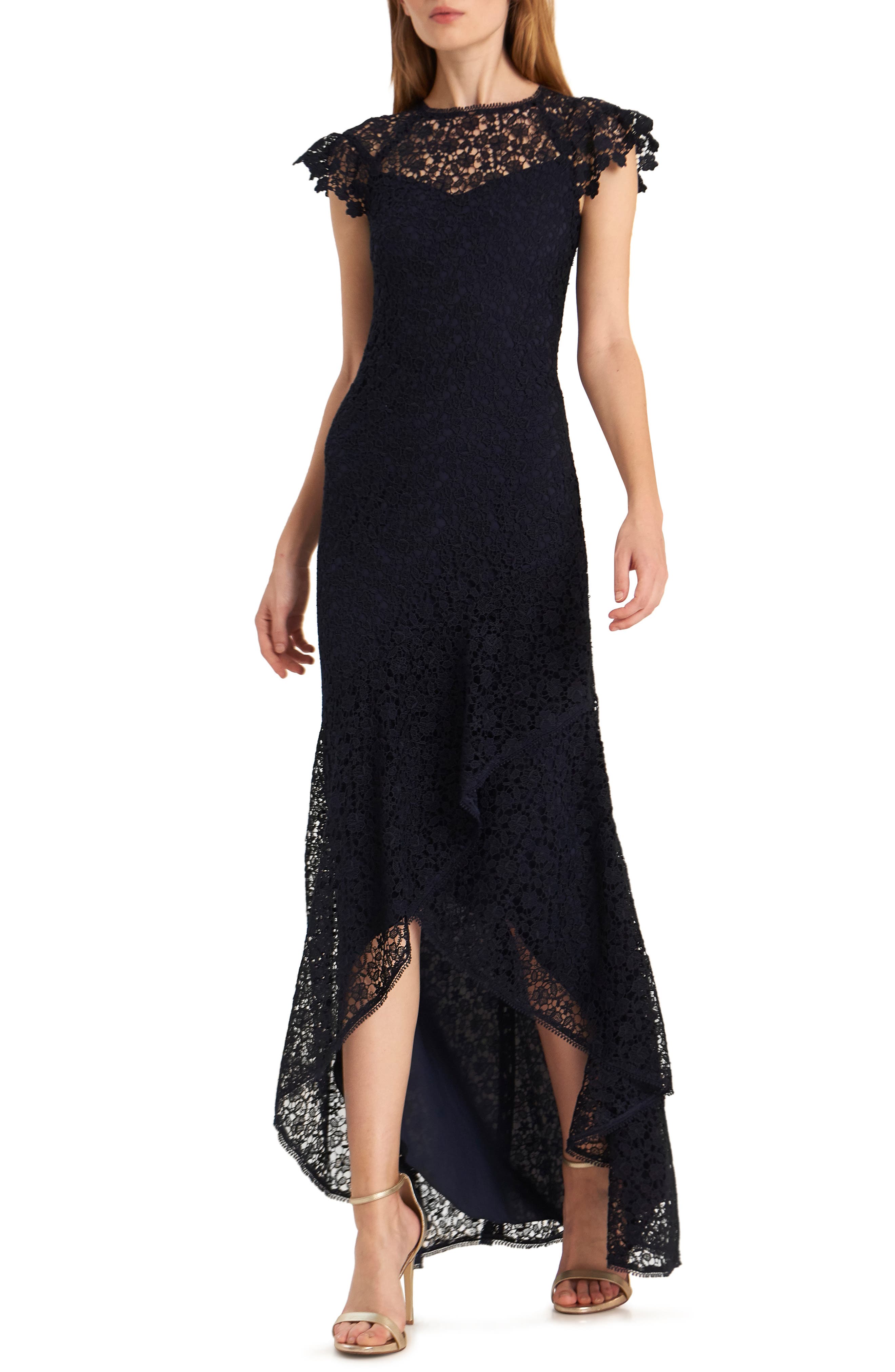 Ml Monique Lhuillier High/low Lace Evening Gown, Blue