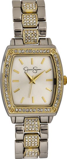 Jessica Simpson Two Tone Crystal Pav Rectangle Bracelet Watch