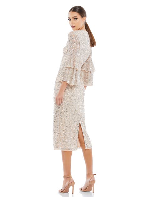 Mac Duggal Tiered Ruffle-sleeve Sequin Midi Dress In Nude