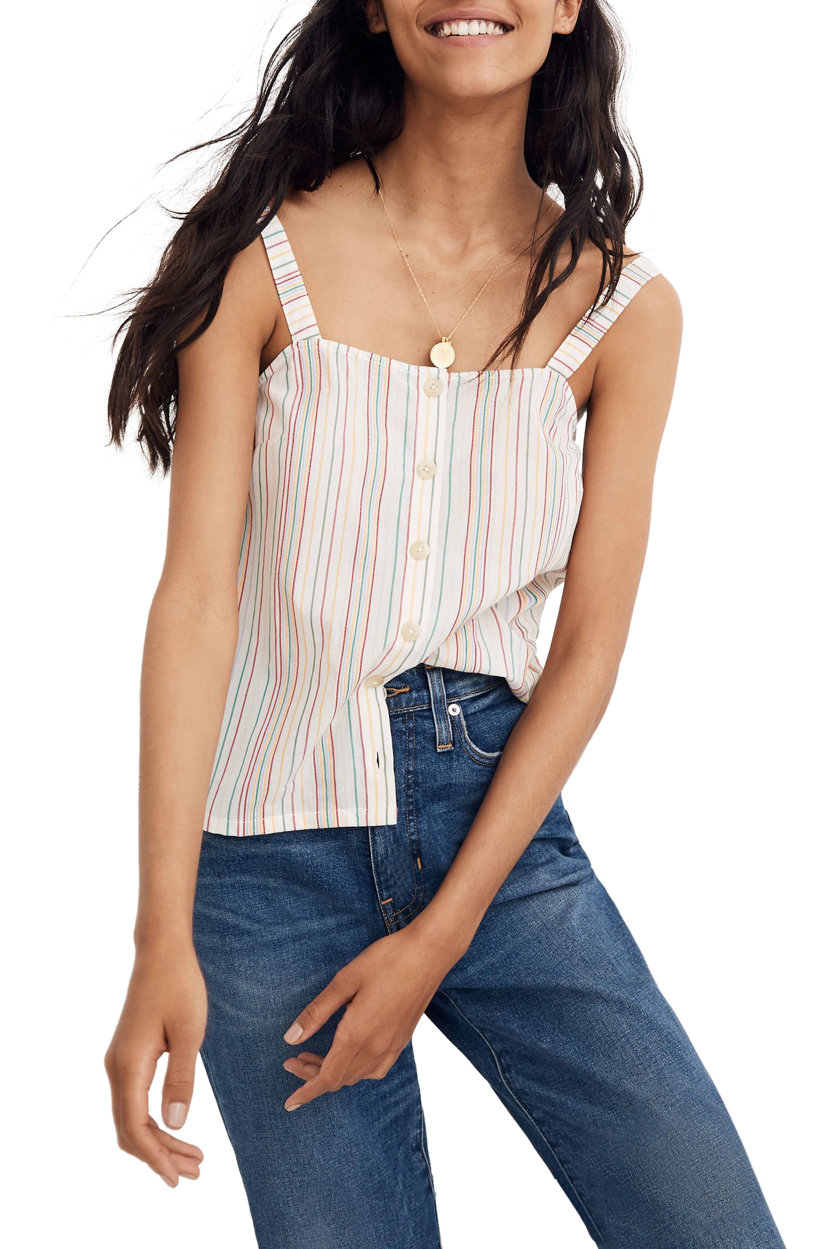 Madewell Textured Rainbow Stripe Button Front Camisole, Ivory