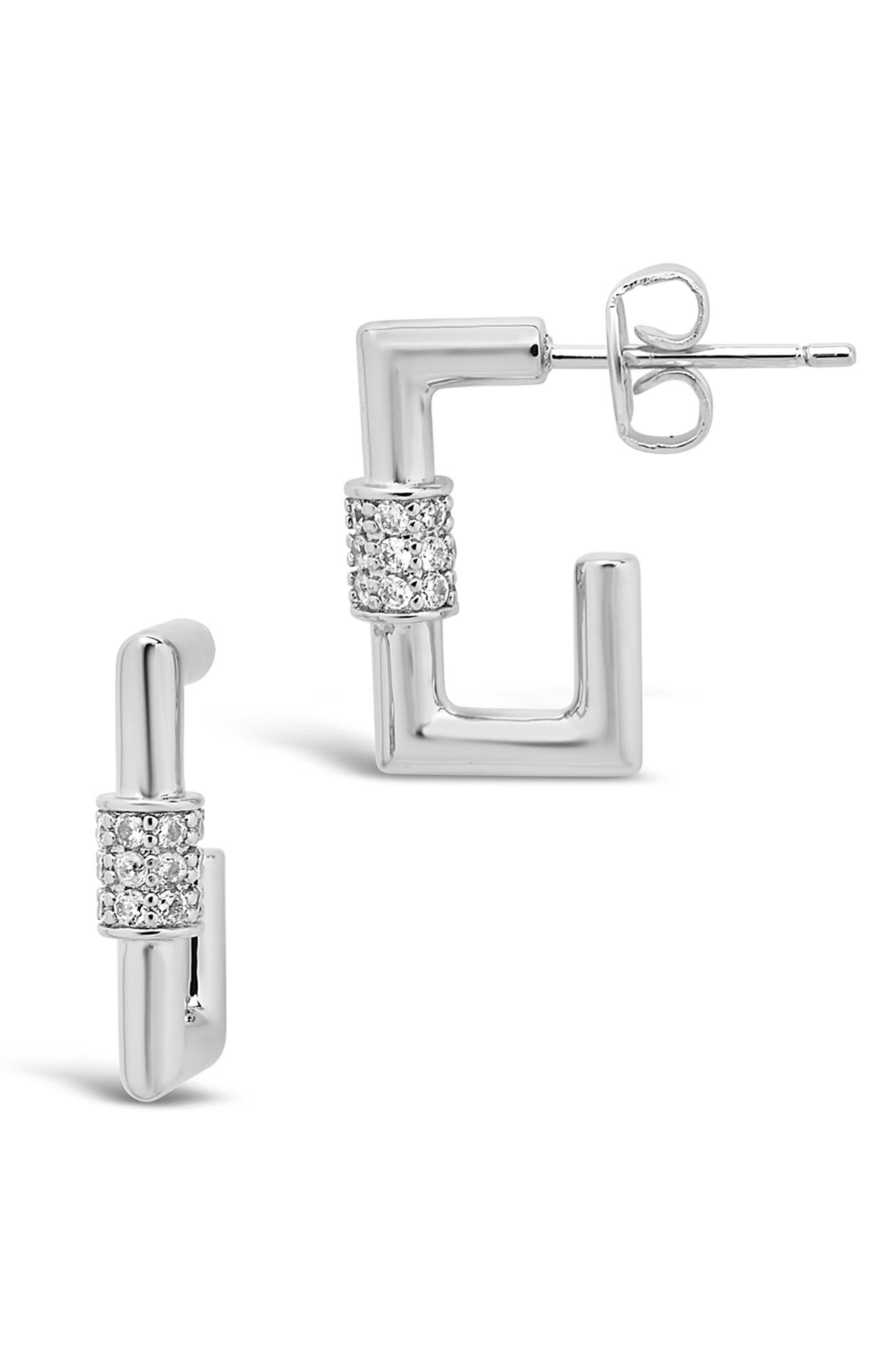 Sterling Forever Rhodium Plated Cz Carabiner Square Hoop Earrings In Silver