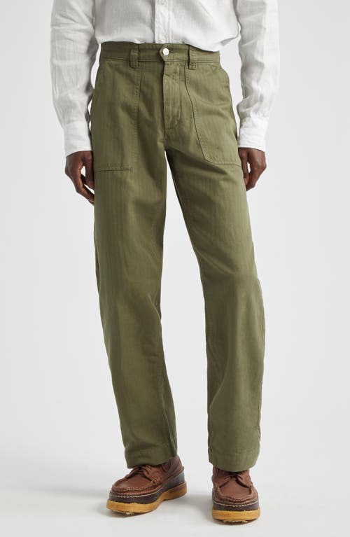 Drake's Herringbone Stripe Cotton & Linen Fatigue Trousers In Olive