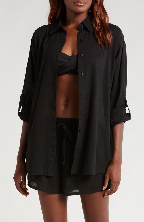 Shop Elan Cotton Button-up Cover-up Shirt In Black