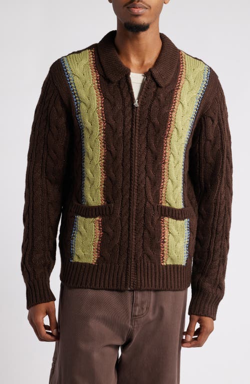 Shop Obey Ezra Cabled Zip Cardigan In Dark Brown Multi