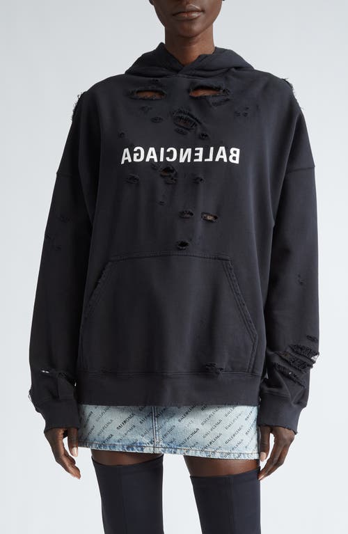Balenciaga Mirror Logo Oversized Ripped Hoodie In Faded Black/white