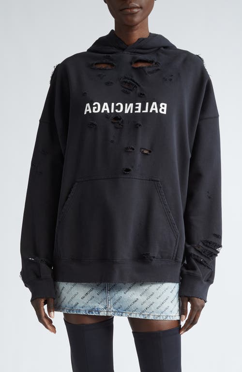 Shop Balenciaga Mirror Logo Oversized Ripped Hoodie In Faded Black/white