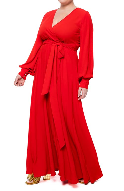 Meghan La Long Sleeve Solid Wrap Maxi Dress In Cherry